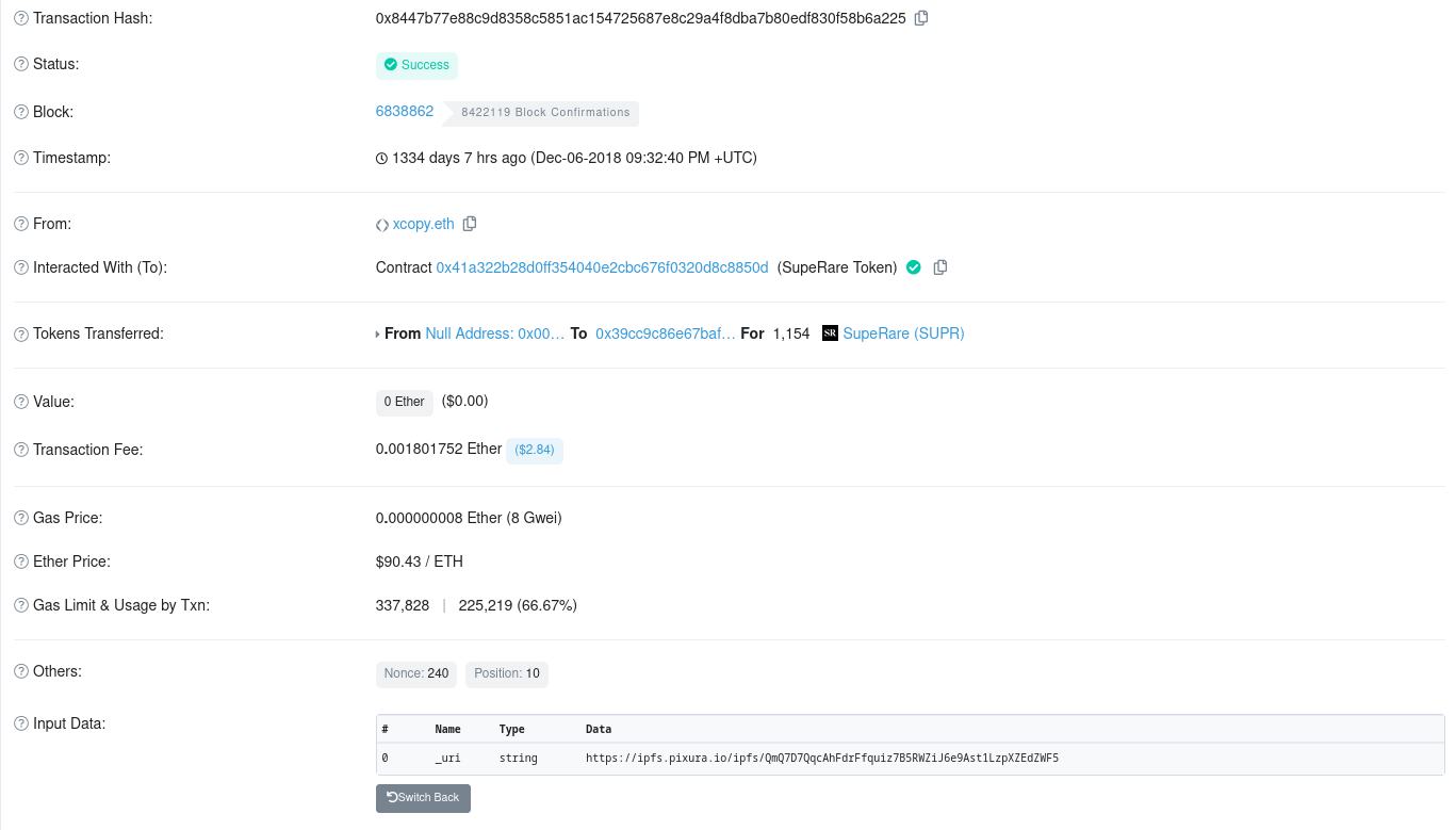 An image of the transaction that minted "Right Click Guy". The input data field has been decoded to show the URI of the NFT