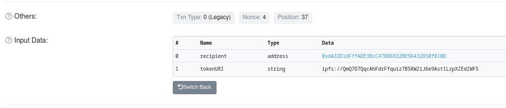 The input data field for the minting transaction of the new Right Click Guy clone